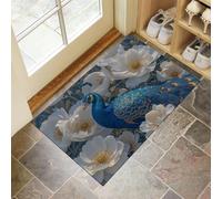MULERN Felpudo de Interior 60x90cm, Diseño de Pavo Real Flores, Lavable Antideslizante, Alfombrilla Arte Fantástico Plegable de Pelo Corto para Entrada, Alfombra Fácil de Limpiar, Azul