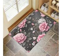 MULERN Felpudo de Interior 60x90cm, Diseño de Rosas Hojas, Lavable Antideslizante, Alfombrilla Acuarela Flores. Plegable de Pelo Corto para Entrada, Alfombra Fácil de Limpiar, Gris Rosa