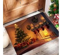 MULERN Felpudo de Interior 80x120cm, Diseño de Árbol De Navidad Chimenea, Lavable Antideslizante, Alfombrilla Decoraciones 3D de Pelo Corto para Entrada, Alfombra Fácil de Limpiar, Mezcla de Colores