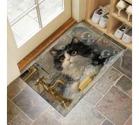MULERN Felpudo de Interior 90x150cm, Diseño de Baño Gatos, Lavable Antideslizante, Alfombrilla Diversión Animales Plegable de Pelo Corto para Entrada, Alfombra Fácil de Limpiar, Blanco y Negro
