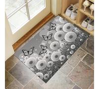 MULERN Felpudo de Interior 90x150cm, Diseño de Diente De León Mariposa, Lavable Antideslizante, Alfombrilla Arte Lineal Plegable de Pelo Corto para Entrada, Alfombra Fácil de Limpiar, Gris Blanco