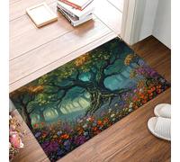 MULERN Felpudo Lavable de 50x80cm, Bosque De Fantasía Árboles Antiguos Flores Silvestres, para Entrada, Antideslizante Plegable, para Cocina, Alfombra de Suelo de Interior de Pelo Bajo, Verde