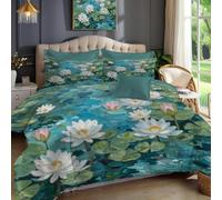 MULERN Funda Nordica Cama 105, Funda Nórdica 200x200cm con Pintura Al Óleo Flores Estanque Nenúfares 3 Pezzi Compuesto por 1 Fundas Nordica 200x200cm + 2 Fundas De Almohada 50X75cm, Verde Esmeralda