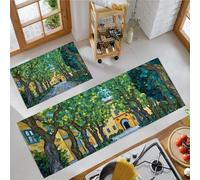 MULERN Juego de 2 Alfombras de Cocina Antideslizantes, Alfombras Pinturas Al Óleo Lavables para Pasillo, Comedor y Entrada, 43x75cm+43x150cm, Árboles Caminos Edificios