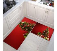 MULERN Juego de Alfombras de Cocina 40x60cm+40x120cm, Juego de Alfombrilla Árbol De Navidad Regalos de pie Antideslizantes y Antifatiga de 2 Piezas, para Hogar de Oficina, Tema Navideño Rojo Oscuro