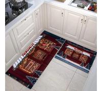 MULERN Juego de Alfombras de Cocina 40x60cm+40x120cm, Juego de Alfombrilla Tienda De Chocolates de pie Antideslizantes y Antifatiga de 2 Piezas, para Hogar de Oficina, Tema Navideño Marrón Rojizo
