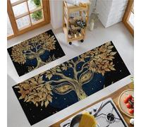 MULERN Juego de Alfombras de Cocina 43x75cm+43x150cm, Juego de Alfombrilla Celta Árboles Antiguos de pie Antideslizantes y Antifatiga de 2 Piezas, para Hogar de la Oficina, Arte Oro