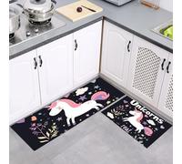 MULERN Juego de Alfombras de Cocina 43x75cm+43x150cm, Juego de Alfombrilla Lindo Caballo Arcoíris de pie Antideslizantes y Antifatiga de 2 Piezas, para Hogar de la Oficina, Ilustración Negro