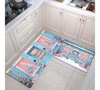 MULERN Juego de Alfombras de Cocina 43x75cm+43x150cm, Juego de Alfombrilla Navidad Tienda Soldado de pie Antideslizantes y Antifatiga de 2 Piezas, para Hogar de Oficina, Tema Navideño Azul Claro