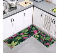 MULERN Juego de Alfombras de Cocina 43x75cm+43x150cm, Juego de Alfombrilla Plantas De La Selva Aves de pie Antideslizantes y Antifatiga de 2 Piezas, para Hogar de la Oficina, Tropical Verde Esmeralda
