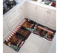MULERN Juego de Alfombras de Cocina 43x75cm+43x150cm, Juego de Alfombrilla Tienda De Chocolates de pie Antideslizantes y Antifatiga de 2 Piezas, para Hogar de Oficina, Tema Navideño Marrón
