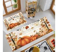 MULERN Juego de Alfombras de Cocina de 2 Piezas, Guión De Otoño Hojas De Calabaza Tapetes de Cocina Antideslizantes Lavables 43x75cm+43x150cm, Alfombra de Piso para Pasillo Lavandería, Naranja