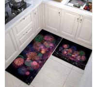 MULERN Juego de Alfombras de Cocina de 2 Piezas, Navidad Tema Ciudad Fuegos Artificiales Tapetes de Cocina Antideslizantes Lavables 40x60cm+40x120cm, Alfombra de Piso para Pasillo Lavandería, Vistoso