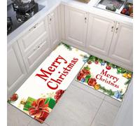 MULERN Juego de Alfombras de Cocina de 2 Piezas, Navidad Tema Ramas De Pino Regalos Tapetes de Cocina Antideslizantes Lavables 40x60cm+40x120cm, Alfombra de Piso para Pasillo Lavandería, Blanco-Verde