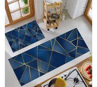 MULERN Juego de Alfombras de Cocina de 2 Piezas, Realista Geométrico Lineal Tapetes de Cocina Antideslizantes Lavables 50x80cm+50x150cm, Alfombra de Piso para Pasillo Lavandería, Azul Oscuro