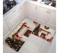 MULERN Juego de Alfombras de Cocina de 2 Piezas, Tema Navideño Chimenea Regalos Tapetes de Cocina Antideslizantes Lavables 40x60cm+40x120cm, Alfombra de Piso para Pasillo Lavandería, Blanco