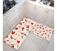 MULERN Juego de Alfombras de Cocina de 2 Piezas, Tema Navideño Gorro De Papá Noel Hoja De Acebo Tapetes de Cocina Antideslizantes Lavables 40x60cm+40x120cm, Alfombra de Piso para Pasillo Lavandería