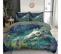 MULERN Juego de Funda Nórdica Reversible Estampada, 135x200cm Elfos Ballenas Esqueletos Extra Suave Fundas de Edredón Magia Bosques para Toda la Temporada, Incluye 1 Fundas de Almohada, Azul-Verde