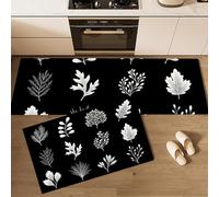MULERN Juegos de Alfombras de Cocina 2 Piezas, Plantas Dibujadas A Mano Líneas De Hojas Antideslizante Alfombra de Cocina Absorbente Lavable, Alfombrillas para Dormitorio, 40x60cm+40x120cm