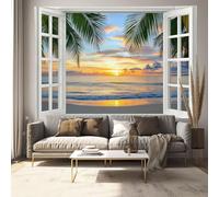 MULERN Tapiz de Pared 3D Vista Desde La Ventana de Pared Atardecer Playa Tela Tapiz, Naranja Tapices para Sala Dormitorio Decoración Casa Colgar Mural, Manteles Sofá Cover, 150x100cm