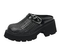 Mules Cómodas Tacón Grueso Plataforma Punta Redonda Zuecos Trenzados con Aberturas Sandalias Casuales para Caminar Plantilla Acolchada,Negro,42 EU