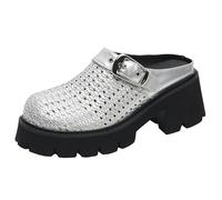 Mules Cómodas Tacón Grueso Plataforma Punta Redonda Zuecos Trenzados con Aberturas Sandalias Casuales para Caminar Plantilla Acolchada,Plata,33 EU