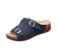 Mules Cuñas Mujer Sandalias Chanclas Desnuda Zapatos Verano | Cuero Efecto Ante, Punta Abierta Peep Toe, Doble Hebilla, Slip-On Poner, Suela Cuña | Verano Playa Vacaciones Ciudad Paseo, 01 Azul marino