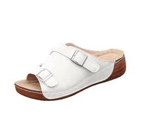 Mules Cuñas Mujer Sandalias Chanclas Desnuda Zapatos Verano | Cuero Efecto Ante, Punta Abierta Peep Toe, Doble Hebilla, Slip-On Poner, Suela Cuña | Verano Playa Vacaciones Ciudad Paseo, 01 blanco., 41