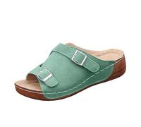 Mules Cuñas Mujer Sandalias Chanclas Desnuda Zapatos Verano | Cuero Efecto Ante, Punta Abierta Peep Toe, Doble Hebilla, Slip-On Poner, Suela Cuña | Verano Playa Vacaciones Ciudad Paseo, 01 Verde claro