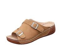 Mules Cuñas Mujer Sandalias Chanclas Desnuda Zapatos Verano | Cuero Efecto Ante, Punta Abierta Peep Toe, Doble Hebilla, Slip-On Poner, Suela Cuña | Verano Playa Vacaciones Ciudad Paseo, 01 caqui, 36