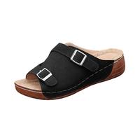 Mules Cuñas Mujer Sandalias Chanclas Desnuda Zapatos Verano | Cuero Efecto Ante, Punta Abierta Peep Toe, Doble Hebilla, Slip-On Poner, Suela Cuña | Verano Playa Vacaciones Ciudad Paseo, 01 negro., 41
