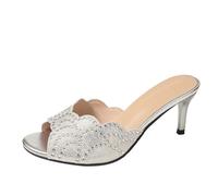 Mules de Tacón Mujer Zapatos Abiertos Sandalias Vestidas Zapatos de Noche | Cuero, Lentejuelas, Strass, Punta Abierta, Borde Festoneado, Talón Fin, Slip-On Enhebrado | Fiesta Noche Ciudad Salida