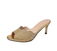 Mules de Tacón Mujer Zapatos Abiertos Sandalias Vestidas Zapatos de Noche | Cuero, Lentejuelas, Strass, Punta Abierta, Borde Festoneado, Talón Fin, Slip-On Enhebrado | Fiesta Noche Ciudad Salida, 01