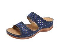 Mules Mujer Verano Cómodo y Ortopédico, Tacón Cuña, Punta Abierta, Suela Flexible Antideslizante con Soporte del Arco, Zapatos para Playa, Vacaciones y Uso Diario, azul oscuro, 42 EU