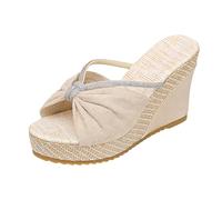 Mules - Punta abierta para mujer, punta delantera, con adorno brillante, brida fina, decorativa, suela de cuña con plataforma y borde trenzado, suela con grado, sandalias casuales para salida de playa