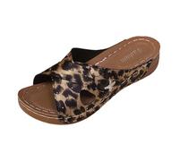 Mules - Sandalias de cuña para mujer, piel de gran tamaño, punta abierta, empeine cruzado con cortes laterales con estampado de animales visible, espalda abierta, suela ligera, gruesa, playa, ciudad