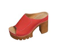 Mules Sandalias Mujer Tacón Bloque, Zuecos, Chaquetas y Zapatos Abiertos de Cuero, Punta Abierta, Empeine Grande, Suela Plataforma Crantada, Slip-On Enhebrado | Ciudad Marche Vacaciones Verano Diario