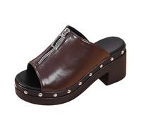 Mules Sandalias Mujer Verano Tacón Cuadrado Zapatos Cuero Punta Abierta Desnuda Plataforma Empeine Cubierta Postal Decorativo Remaches Metálicos Slip On On Enhebrado Grueso para Exterior Oficina