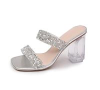 Mules - Sandalias para mujer, informal, cómodas, con cristales brillantes, brida única de tacón cuadrado, estable, para interior, exterior, casa, jardín, playa de verano, Plata37, 41 EU