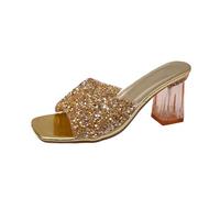 Mules - Sandalias para mujer, informal, cómodas, con cristales brillantes, brida única de tacón cuadrado, estable, para interior, exterior, casa, jardín, playa de verano, oro 38, 40 EU