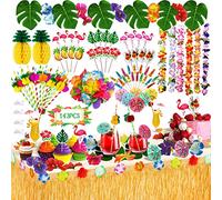 MULEVIP 143 Pcs Hawaiano Luau Falda de Mesa Set de Decoración,Falda de Mesa Hawaiana de 9.6FT con Hawaiian Lei Flor Guirnalda y Piñas 3D,Hawaianas Decoraciones de Mesa de Fiesta Tiki de Verano