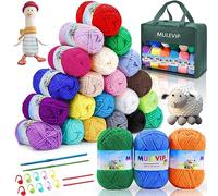 MULEVIP Ovillos de Lana para Tejer 24 Colores, Hilo de Algodon para Crochet con Ganchos de Ganchillo Hebillas Marcadoras Agujas de Sutura, para DIY Tejido