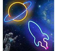 MULEVIP Pack de 2 Planeta, Cohete - Luces de Neón LED,Luces de Neón Señales para Pared,Decoración de Pared Funciona con Pilas o USB,para Dormitorio,Habitación de Niños,Bar,Fiesta,Navidad,Boda