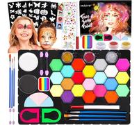 MULEVIP Pinturas Cara para Niños Pintacaras Infantil 27 Colores Pintura Cara Niños,Pintura de Cara para Niños con Plantillas y Pinceles,Gemas,Maquillaje de Halloween,Colores de Pintura Corporal