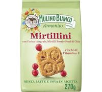 Mulino Bianco Arándanos, galletas de panecillo con harina integral, arándanos y semillas de chía, ricas en vitamina E, sin leche ni huevos en receta, paquete de 270 g