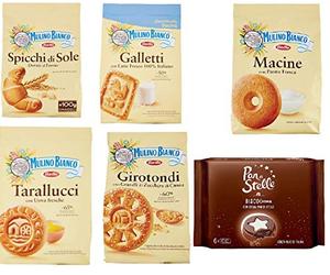 Mulino Bianco Paquete de prueba de galletas de desayuno 5 x 350 g, 1 x 168 g, macine Galletti Spicchi di Sole Grotondi tarallucci Biscocrema