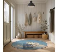 Mullida Azul Blanco Soñador Alfombra Redonda Velero Brújula Paisaje,Limpieza Fácil Antideslizante Alfombras para Felpudos Dormitorio Suelo Carpet 90 cm