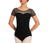 Mulnall Leotardo de malla de baile de manga corta para mujer, leotardo de gimnasia para adultos, forro de pecho, ropa de baile con espalda redonda, Manga corta, color negro, M