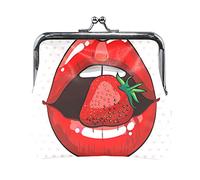 Multi 9 Sexy Red Woman Lip with Red Strawberry on Seamless Pink Hearts Mujer Cuero Monedero Cerrojo Tarjeta Llave Cambio Monedero Pequeña Hebilla Bolso Estuche Kiss Lock Embrague Bolsillo Bolsillo par