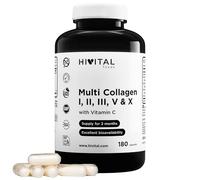 Multi Colágeno Hidrolizado. 180 cápsulas para 2 meses. Con Colágenos del Tipo I, II, III, V y X. Con Colágenos Hidrolizados Bovino y de Pollo, Membrana de Cáscara de Huevo y Vitamina C. HIVITAL